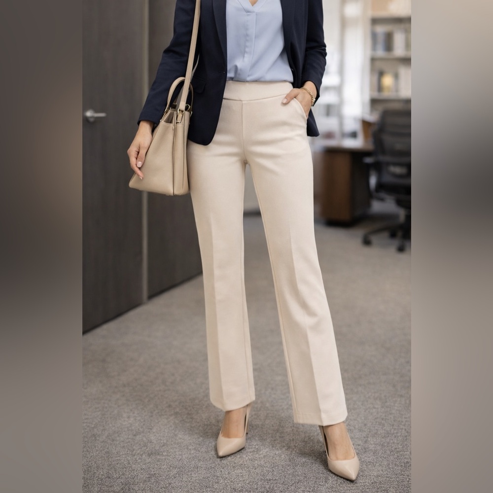 Jones New York Cream Knit Pants Women’s Pull-On Stretch Trousers Office Casual